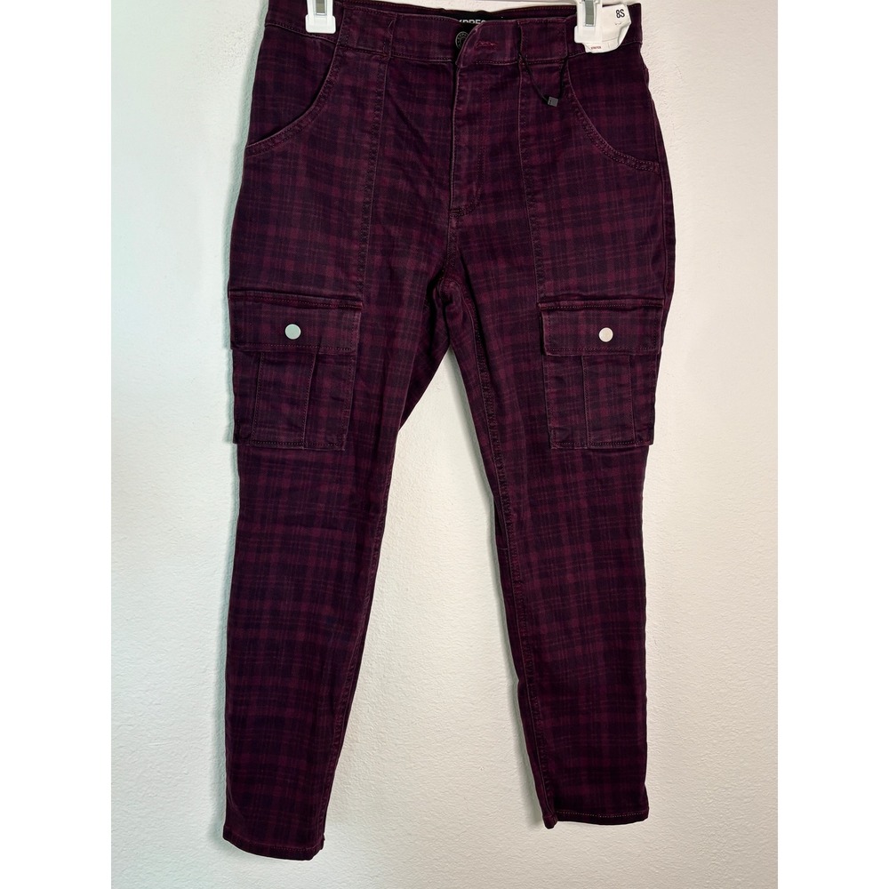 Express Womens High Rise Legging Plaid Cargo Pants Burgundy Purple Size 8S